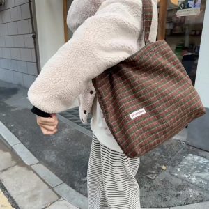 Oversized Plaid Tote Bag - Vintage Woolen Shoulder Bag for Women