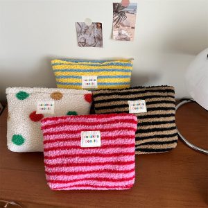 Fuzzy Makeup Bag - Large Polka Dot Toiletry Pouch for Cosmetics