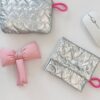 Quilted Heart Clutch Bag - Silver Mini Wallet with Mirror