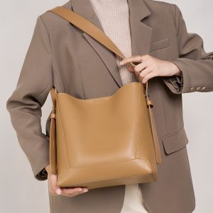 Genuine Leather Bucket Bag - Oversized Work Tote for Office