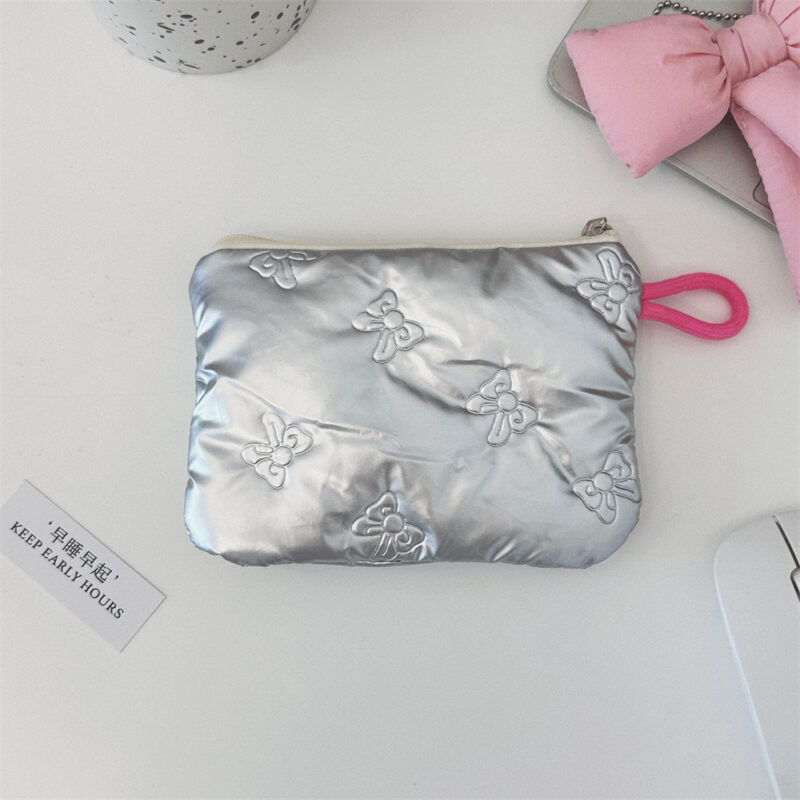 Quilted Heart Clutch Bag - Silver Mini Wallet with Mirror