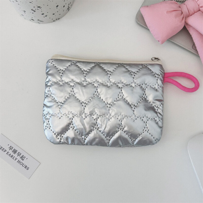 Quilted Heart Clutch Bag - Silver Mini Wallet with Mirror