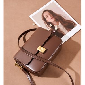 Genuine Leather Square Shoulder Bag - Fall Winter Crossbody Purse for Office Ladies