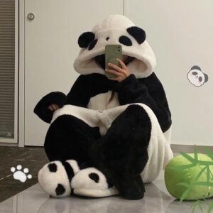 Cute Panda Cartoon Pajamas for Women - Winter Coral Fleece Thickened Robe Set, Lovely Girlish Loungewear
