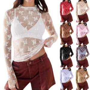 Sexy See-through Lace Mesh T-shirt Multi-color Trendy Base Layer Fashion Women's Top
