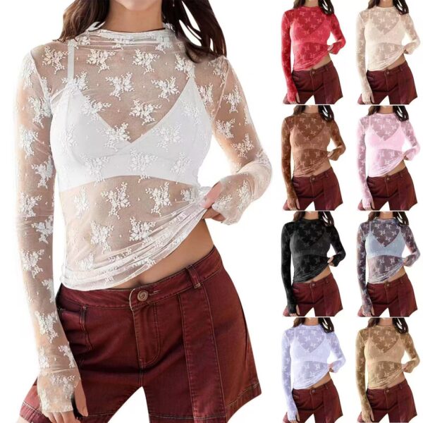 Sexy See-through Lace Mesh T-shirt Multi-color Trendy Base Layer Fashion Women's Top
