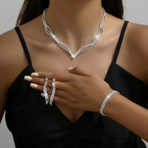 Water Diamond Necklace & Earrings with Flowing Chain Set for Bride