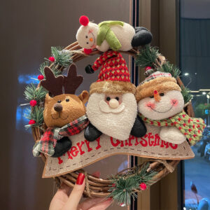 Festive Christmas Rattan Wreath Decoration with Snowman for Door Window Party Decor