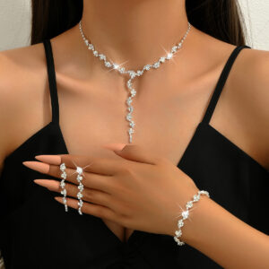 Fashion Pearl-Like Necklace & Earrings Set with Diamond Flowers