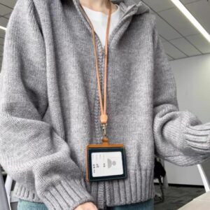Vintage Grey Double Zipper Hooded Cardigan Relaxed Fit Knitted Sweater Coat