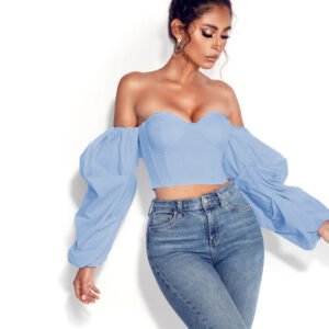 Asymmetrical Long Sleeve Sexy Crop Tube Top Fashion Midriff-Baring Women's Blouse