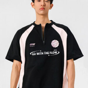 Half-Zip Streetwear T-Shirt - American High Street Print, Round Neck, Summer Oversized Heavyweight Short Sleeve Top