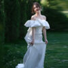Off-The-Shoulder Satin Lightweight Wedding Dress - French Minimalist, Mermaid Silhouette, Pre-Wedding Photoshoot Gown