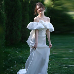 Off-The-Shoulder Satin Lightweight Wedding Dress - French Minimalist, Mermaid Silhouette, Pre-Wedding Photoshoot Gown