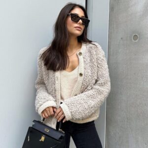 Elegant Solid Color Chanel-Style Short Knitted Cardigan Wool Blend Jacket