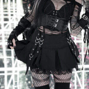 Dark Gothic Eyelet Lace-Up Pleated Skirt Black Alternative Fashion Grommets Ribbon Mini Skirt