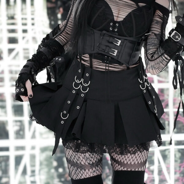 Dark Gothic Eyelet Lace-Up Pleated Skirt Black Alternative Fashion Grommets Ribbon Mini Skirt