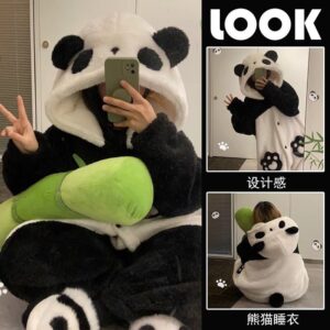 Cute Panda Cartoon Pajamas for Women - Winter Coral Fleece Thickened Robe Set, Lovely Girlish Loungewear