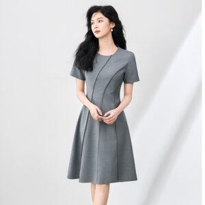 French Chic Dress - Minimalist Elegance, Round Neck, Waist-Cinching, Understated Luxury