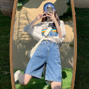 Casual Campus Style Mid-Length Denim Shorts Versatile Summer Five-Pocket Jean Shorts