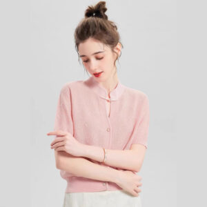Mulberry Silk Blend Neo-Chinese Style Qipao Button T-shirt Elegant Slimming Spring Summer Women's Knit Cardigan