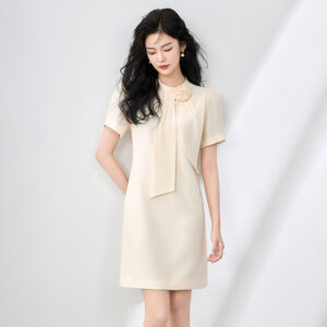 Elegant Premium Dress - Beaded 3D Flowers, Ribbon Ties, Formal-Commuter Hybrid Gown