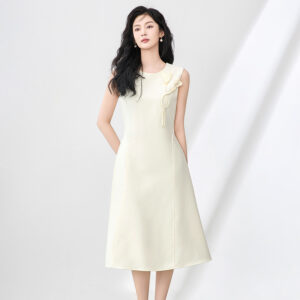 Ladylike Mature Style Dress - 3D Beaded Decorative Flowers, Unique Waist-Cinching, Sleeveless Camisole Dress