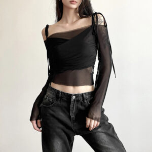 Women's Off-Shoulder Long Sleeve Crop Top Fitted Waist-Cinching T-shirt Fashion Midriff Baring Design