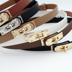 Elegant Thin Waist Belt with Lock Buckle Adjustable Elastic Decorative Dress Belt for Women