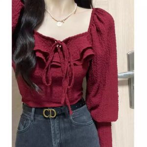 French Style Square Neck Red Shirt Women's Spring Fall Designer Slimming Chic Youthful Short Top