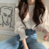 Sweet Girly Early Spring Fresh Lace Crochet Lantern Sleeve Blouse Youthful Women's Shirt Top