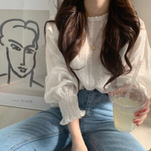 Sweet Girly Early Spring Fresh Lace Crochet Lantern Sleeve Blouse Youthful Women's Shirt Top
