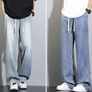 Tencel drooping jeans men's summer thin straight ice silk wide leg casual pants