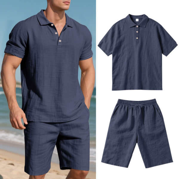 Summer men's loose casual linen breathable polo shirt short beach sleeves shorts set